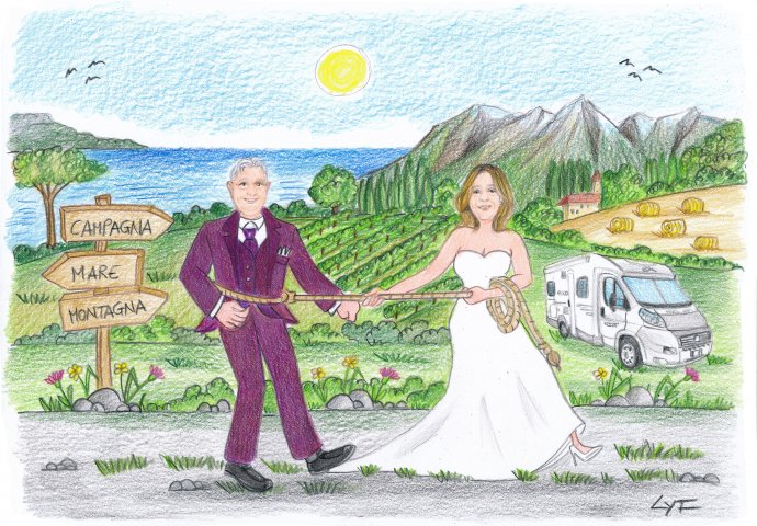 Disegno caricatura fedele di sposa che trascina lo sposo con una corda verso il Camper parcheggiato nello sfondo.
Alle loro spalle si vedono il mare e le montagne.