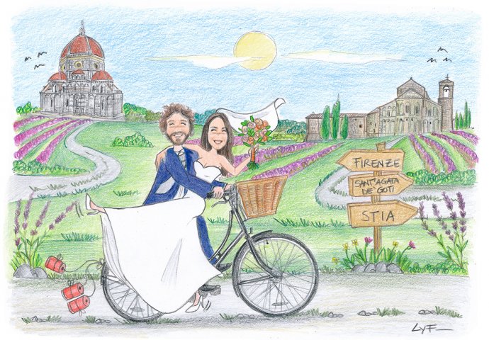 Disegno in stile Loch di sposi in bicicletta. Nello sfondo il duomo di Firenze e la Pieve di Romena. Gli sposi si dirigono verso la Pieve dove si sposeranno.