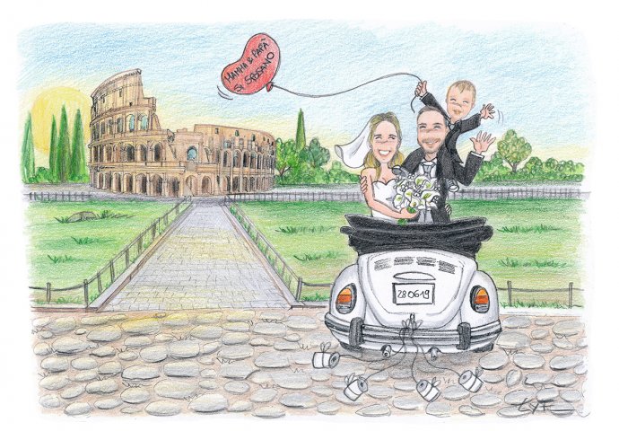 Disegno in stile Loch di sposi insieme al figlioletto su un maggiolone bianco. Nello sfondo il Colosseo.