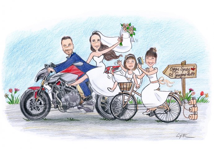 Disegno in stile Loch di sposi in moto inseguiti dalle figliolette in bici.