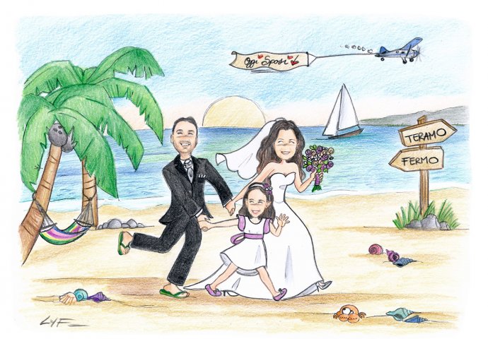 Disegno in stile Loch di sposo trascinato dalla sposa e dalla figlioletta su una spiaggia. Nel cielo un aereo con la scritta"Oggi Sposi"