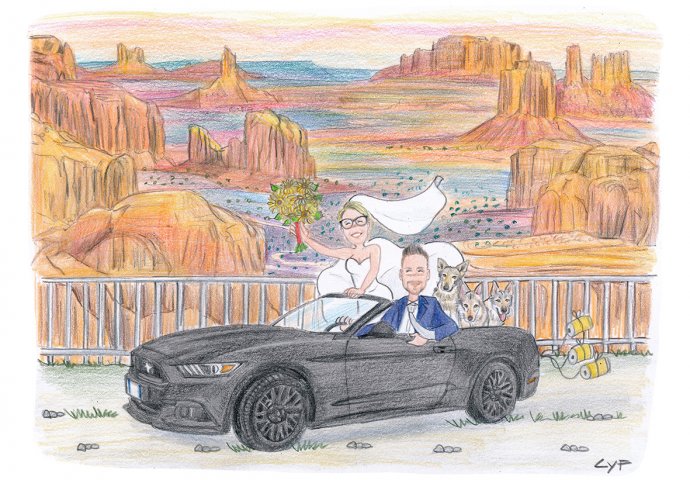 Disegno in stile Loch di sposi su una mustang cabrio nera con capotte aperta in compagnia dei loro tre cani e nello sfondo il paesaggio del Grand Canyon. 