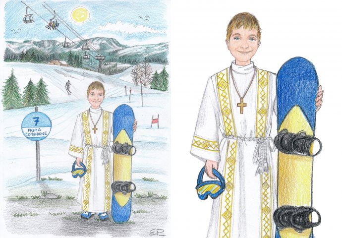 Scenetta caricatura fedele di bimbo con la tunica, la tavola da snowboard e l'occhiale mascherina. Nello sfondo la pista da sci.