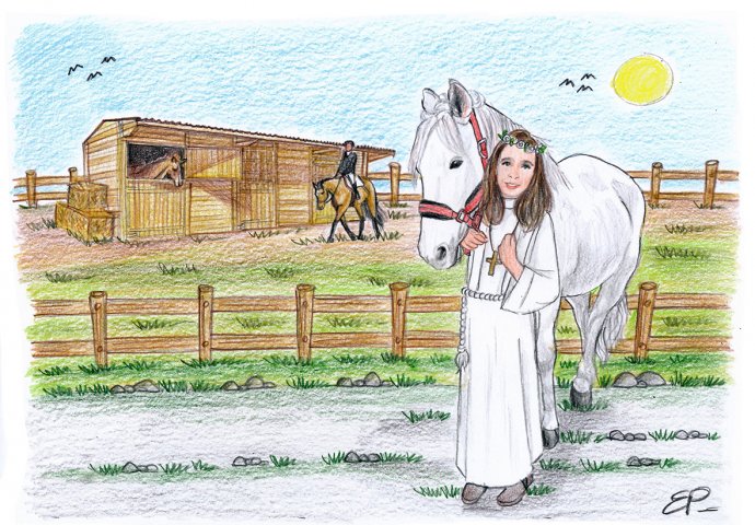 Scenetta caricatura fedele di bambina con la tunica mentre abbraccia il suo cavallo. Nello sfondo un ranch con scuderia.