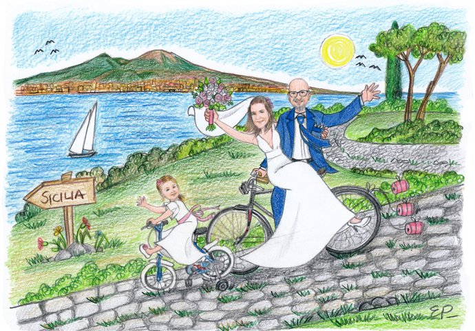 Disegno caricatura fedele di sposi su una bicicletta d'epoca. La bimba sulla sua bici di spider man. Strada di pietra lavica che scende dall'alto. Un cartello stradale che indica la scritta "Sicilia". Nello sfondo il Vesuvio e il Monte Somma con un po' di mare.
 