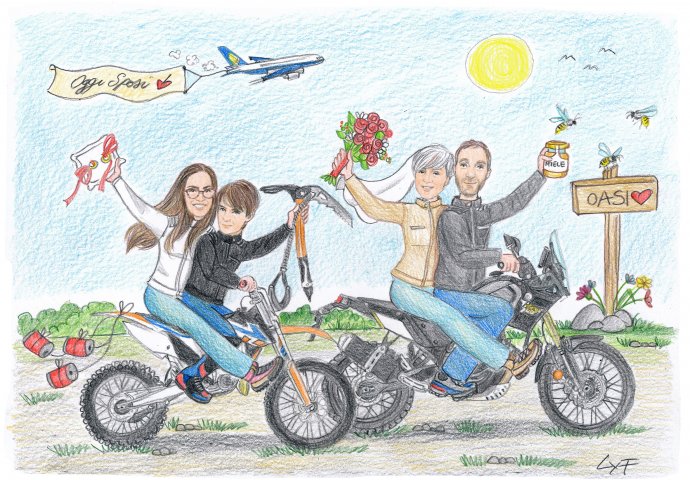 Disegno caricatura fedele di sposi in moto che sfrecciano inseguiti dai loro due figli. Gli sposi si dirigono verso casa, nella loro "Oasi". Nel cielo un aereo in volo con la scritta "Oggi Sposi".