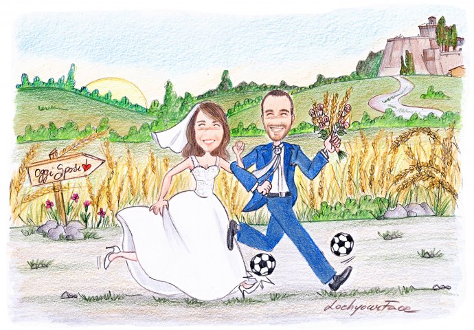 Disegno in stile Loch di sposi che corrono insieme calciando la palla. Nello sfondo il campo di grano e la Rocca di Meldola. 