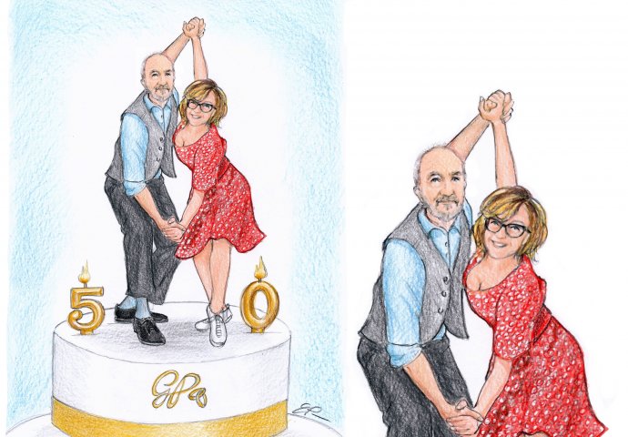 Disegno scenetta caricatura fedele di marito e moglie che ballano il boogie woogie su una torta per anniversario di nozze 50 anni.