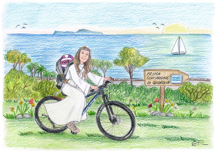 Scenetta caricatura fedele di bimba con la tunica in montain bike con zainetto in spalla e palla da pallavolo. Nello sfondo vista mare con Capri in lontananza. 
