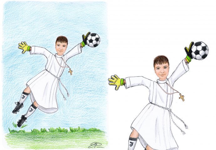 Scenetta caricatura fedele di bambino con tunica che para la palla. Il bambino indossa calzettoni della juve e guantoni da portiere.
