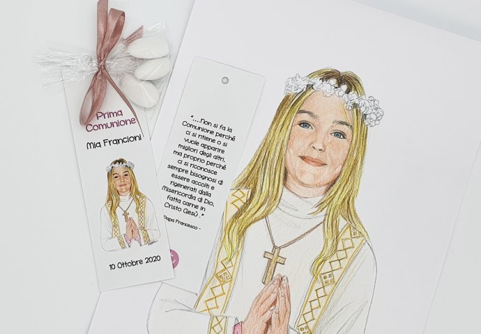 Segnalibro per comunione personalizzato con disegno bambina in stile ritratto fedele