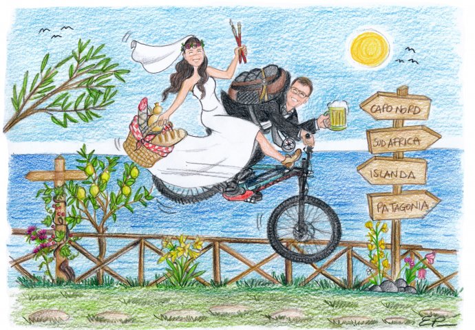 Disegno in stile Loch di sposi su una montain bike che sfreccia in volo. Nello sfondo vista mare