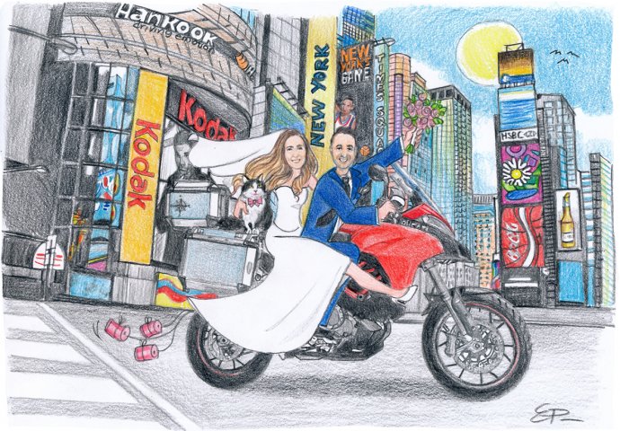 Disegno caricatura fedele di sposi in moto che sfrecciano insieme al proprio gatto, nello sfondo New York.