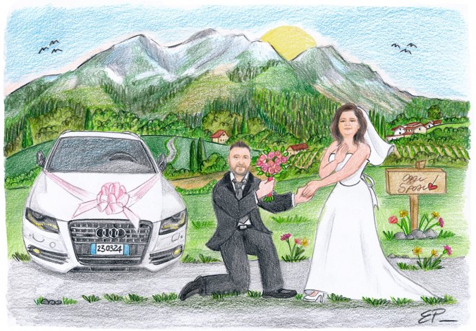 Disegno caricatura fedele di sposo che si dichiara alla sposa, porgendole un bouquet a fianco della loro Audi bianca. Nello sfondo le montagne. 