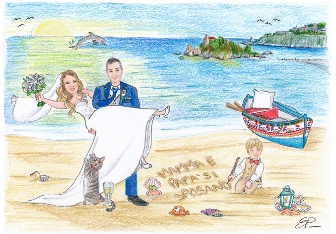 Disegno caricatura fedele di sposa in braccio allo sposo con il figlioletto che scrive sulla sabbia e il gatto che si aggrappa all'abito della sposa. Nello sfondo l'Isola Bella di Taormina.