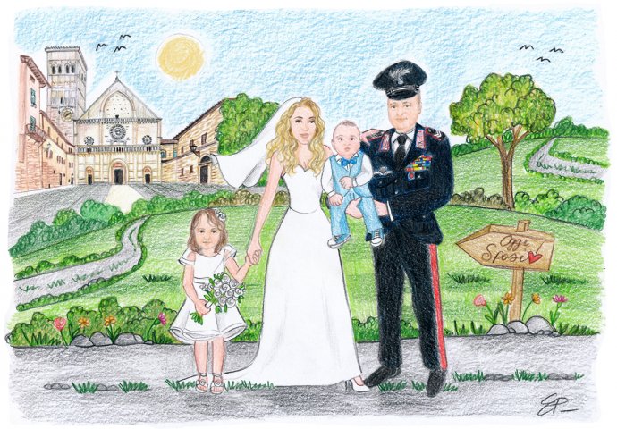 Disegno caricatura fedele di sposi insieme ai due figlioletti. Lo sposo indossa la divisa dei Carabinieri. Nello sfondo si vede la Cattedrale di San Rufino di Assisi