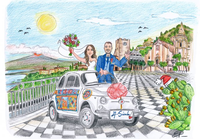 Disegno caricatura fedele di sposi in Fiat 500 con disegni siciliani. Nello sfondo si vede l'Etna e la piazza di Taormina. 