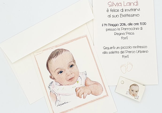 Pacchetto Invito cartolina personalizzato con il Disegno Fatto a mano in stile Ritratto fedele di bimba e i testi