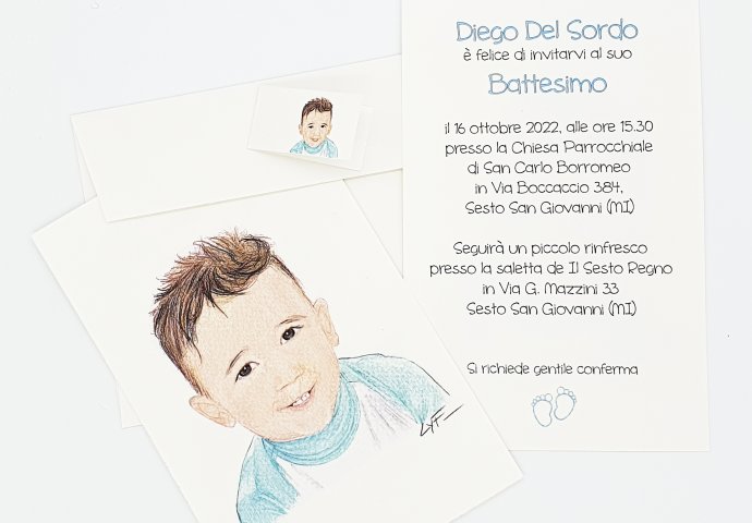 Pacchetto Invito cartolina personalizzato con il Disegno Fatto a mano in stile Ritratto fedele di bimbo e i testi