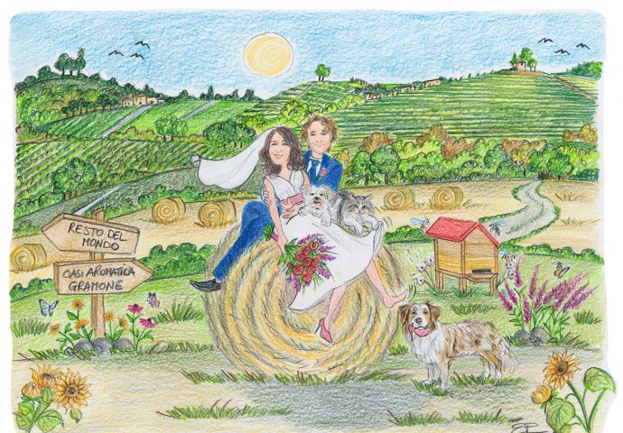 Disegno caricatura fedele di sposi seduti abbracciati su una balla di Fieno in compagnia di loro amici a 4 zampe. Nello sfondo la campagna di Monteu Roero in Piemonte. Un arnia e diverse piante aromatiche.