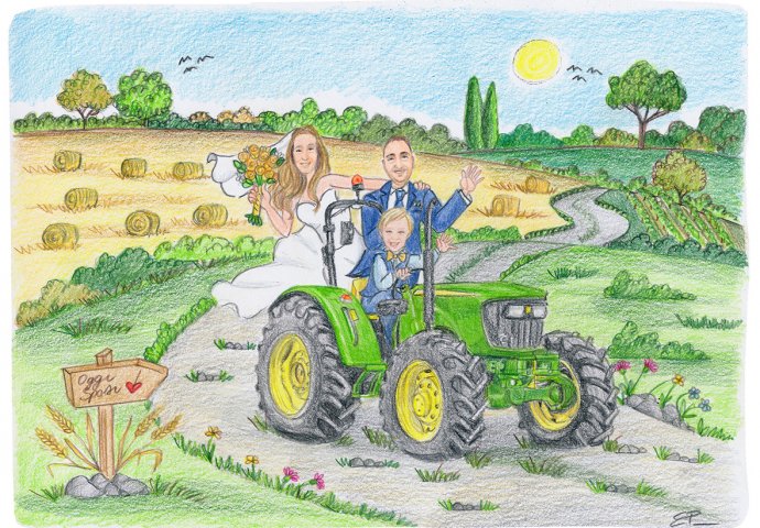 Disegno caricatura fedele di sposi seduti su un trattore John Deere 5075E con figlio alla guida. Nel retro un pesaggio di campagna con campi di grano e colline.