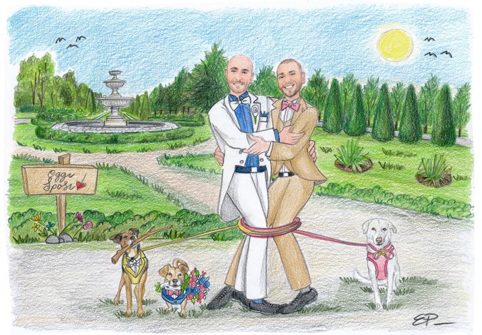 Disegno caricatura fedele di sposi legati insieme dai guinzagli degli amici a quattro zampe. Nello sfondo Regents Park.