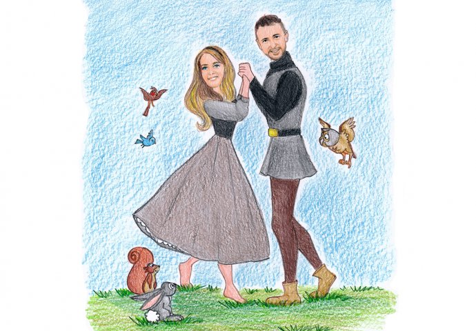 Disegno caricatura fedele di sposi che si tengono le mani, vestiti da principessa Aurora e principe Filippo protagonisti della favola "La bella addormentata nel bosco".