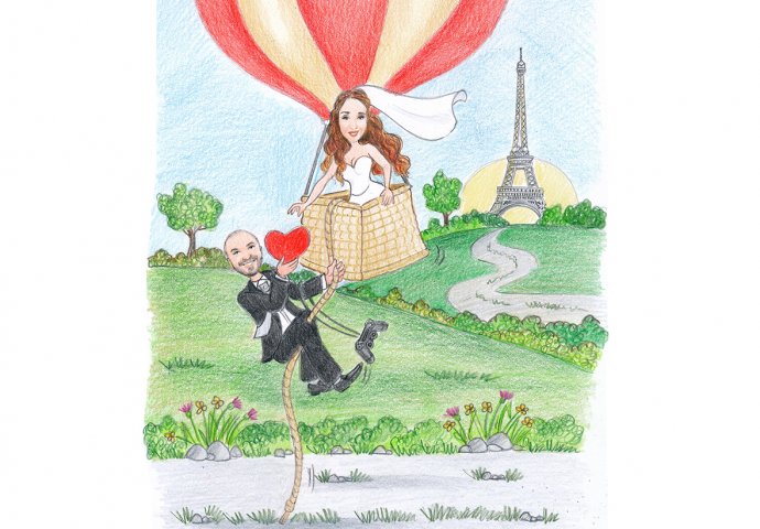 Disegno caricatura fedele di sposa su una mongolfiera che carica lo sposo appeso ad una fune mentre porge un cuore rosso alla sposa. Nello sfondo la torre Eiffel.